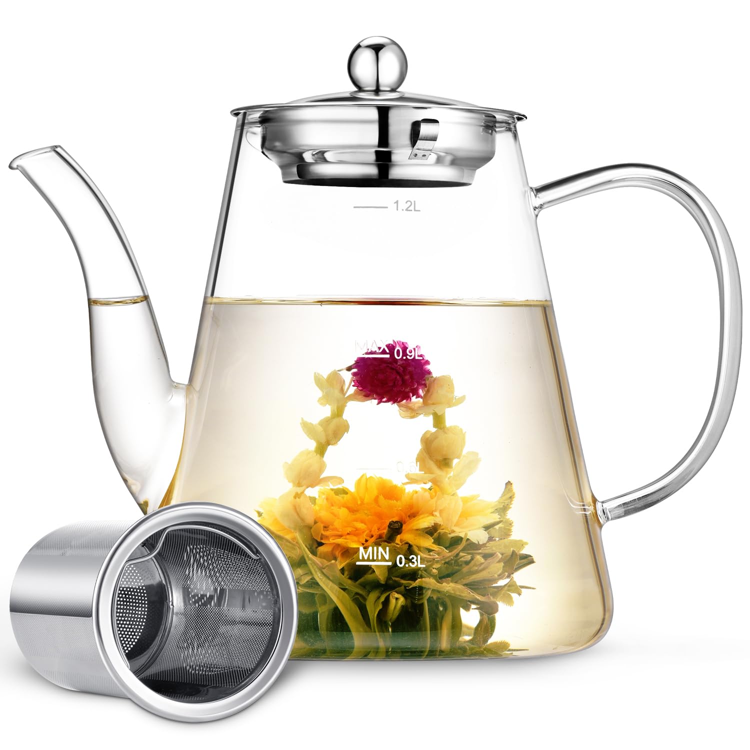 Glass Teapot with Infuser, 1200ml Tea Pot with Removable Strainer for Loose Leaf Tea and Blooming Tea, Stovetop Safe Tea Kettle, Hand Crafted Borosilicate Glass Tea Maker with Scale Line, Tea Gift Set