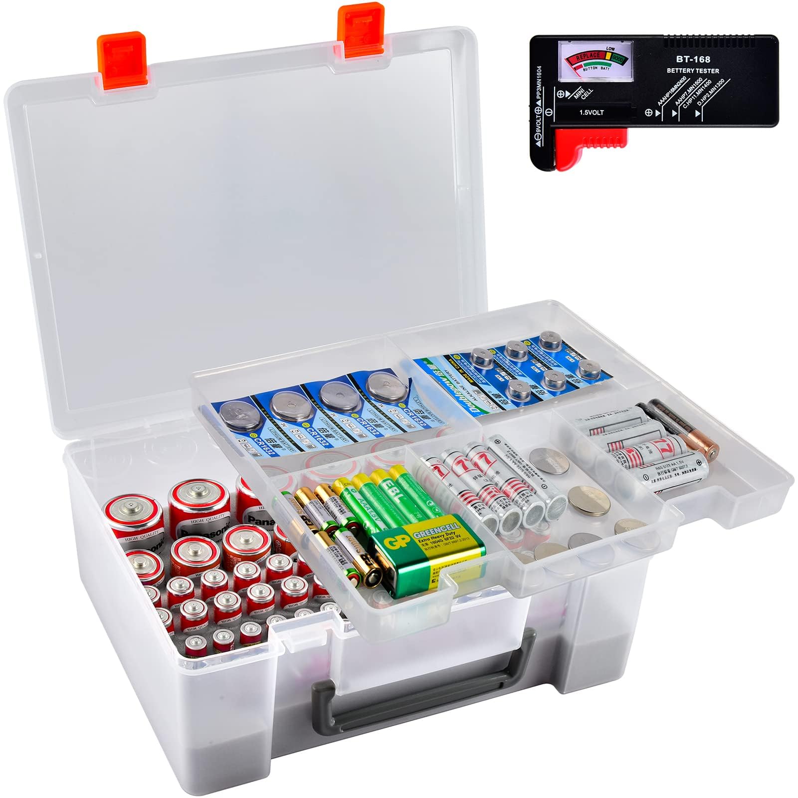 Photo 1 of ***MISSING PARTS*** Battery Organizer Holder with Batteries Tester Checker, 120+ Storage Containers Box Case Fits for AA AAA 9V C D Lithium 3V LR44 CR2016 CR1632 CR2032 CR2025 (Batteries Not Includes) -Transparent