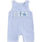 Ldaiyiu Baby Boy Easter Outfit Newborn Sleeveless Romper Bunny Eggs Striped Jumpsuit Overalls Toddler Spring Summer Clothes