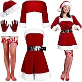 Toulite 4 Pcs Women Santa Suit Costume Christmas Suit Mrs. Claus Costume, Santa Hat, Striped Tights, Gloves for Adult
