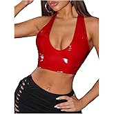 Floerns Women's PU Leather Halter Cropped Tank Backless Criss Cross Y2k Vest Tops