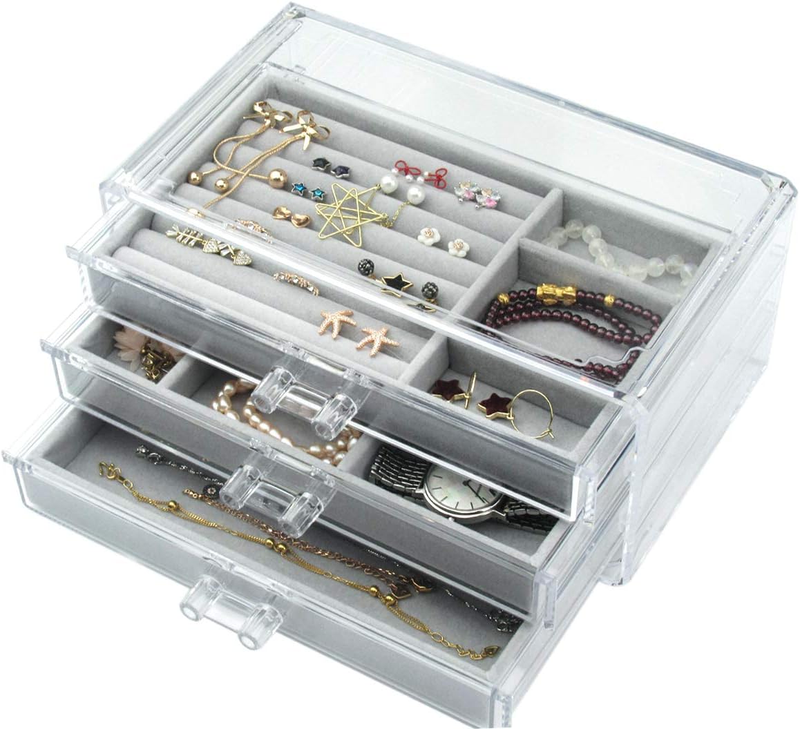 Acrylic Jewelry Box 3 Drawers, Velvet Jewellery Organizer, Earring Rings Necklaces Bracelets Display Case Gift for Women, Girls: Home Improvement