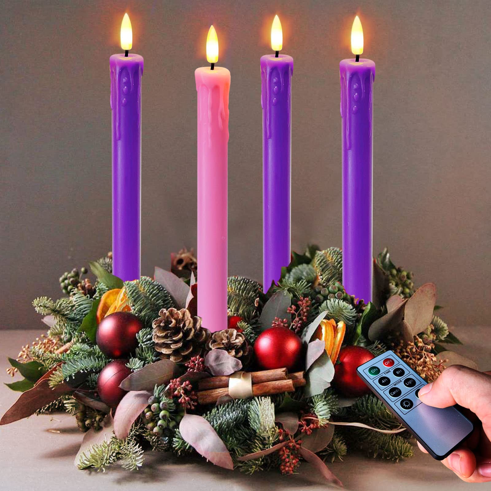 Photo 1 of ***REMOTE CONTROL IS MISSING***Abkshine Set of 4 LED Christmas Candle Lights, Battery Operated Taper Candles for Advent Wreath, 3 Purple 1 Rose Flickering Wax Flameless Candles for Holiday School Church Celebration***REMOTE CONTROL IS MISSING***