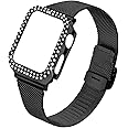 JOYOZY Stainless Steel Mesh bands Compatible For Apple Watch 40mm, Women Bling Protective Crystal Diamond Case with Loop Mesh Strap For Apple Watch Series 6/5/4/SE (No Tool Needed) (Black, 40MM)