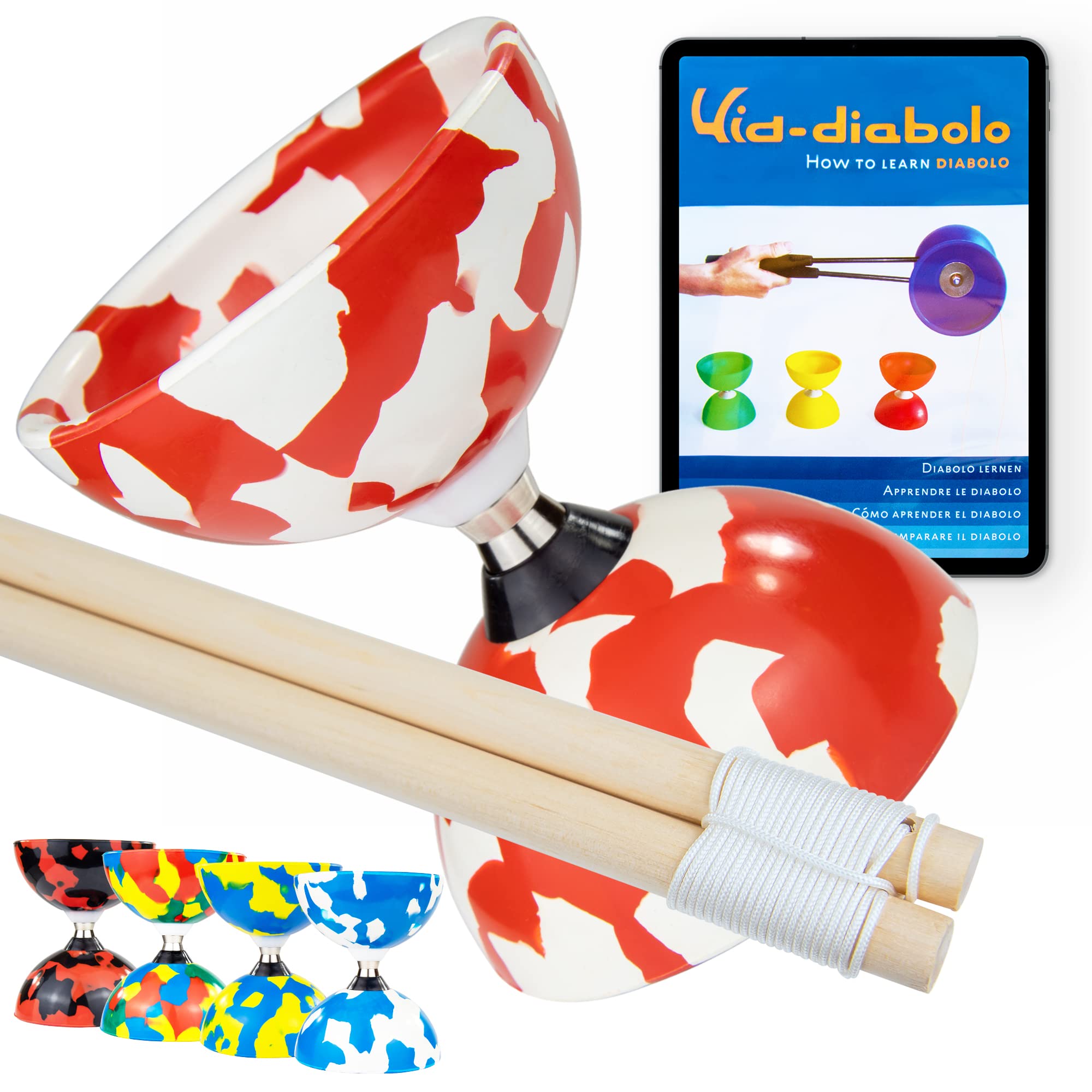 Juggle Dream Jester Diabolo Set - Bearing Axle Professional Diabolo with Wooden Handsticks and Online Learning Video - Juggling Toy (Red/White) β image 1