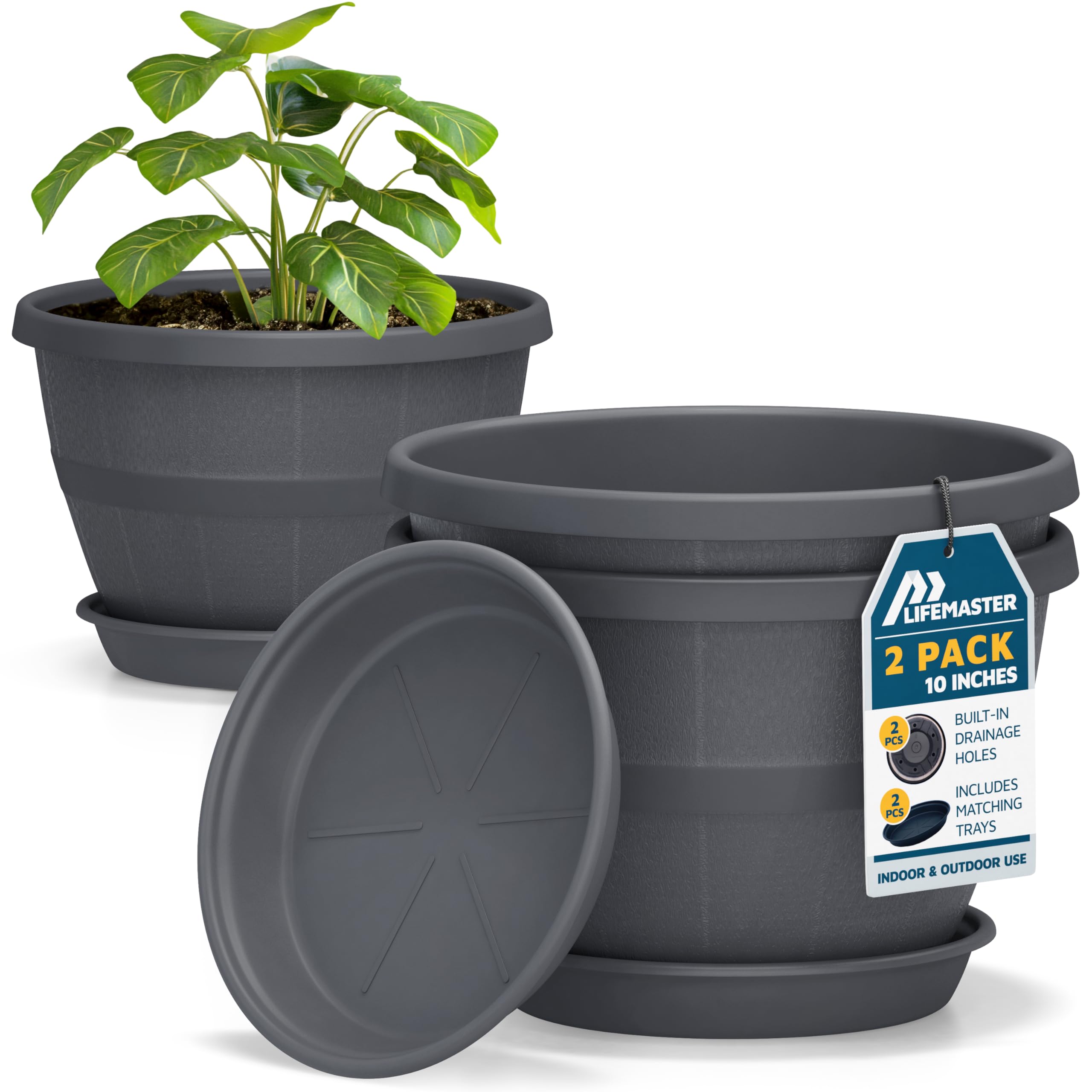 Photo 1 of 10-Inch Whiskey Barrel Planters Outdoor Pack of 2 - Durable Plastic Plant Pots for Indoor & Outdoor Use with Drainage & Saucer, Lightweight Rustic Barrel Planters for Flowers, Herbs & Small Plants