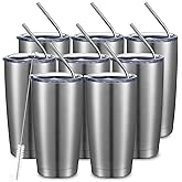 COMOOO 20oz Stainless Steel Tumbler Bulk Double Wall Vacuum Coffee Cup Insulated Travel Mug with Lid and Straw Durable Powder Coated Insulated Coffee Cup for Cold & Hot Drinks (silver, 8 pack