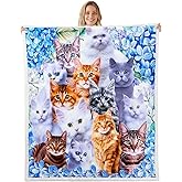 Kids Cute Cat Plush Fleece Throw Blanket, Cartoon Pet Cats, Children Boys Girls, Cute Kitten Print, Sherpa, Cat Lover's Animal Themed Design, Fuzzy Blanket for Sofa Bed Couch, 50x60 Inch