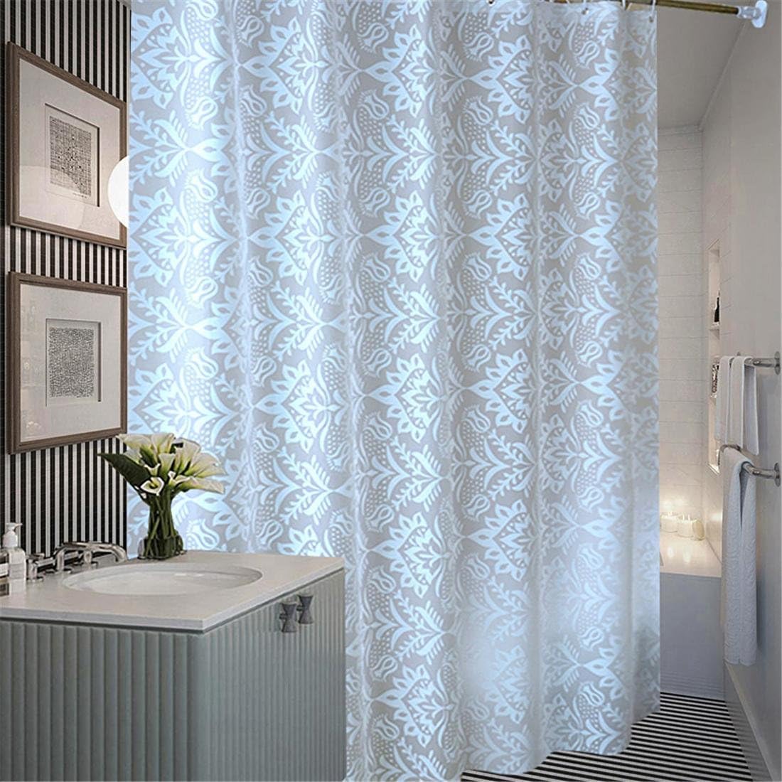 Zhomesupplies Plastic Translucent Shower Curtain, Extra Long White Pattern Mildew Resistant Waterproof Bathroom No Transparent With Enough Rings Hooks, 180 x 200 cm