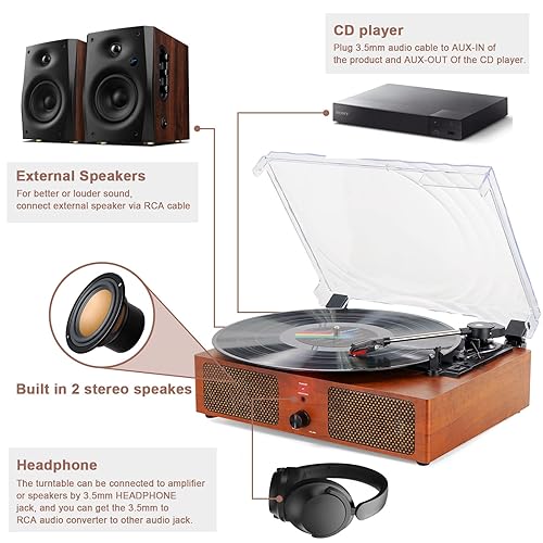 Record Player Bluetooth Turntable for Vinyl with Speakers USB