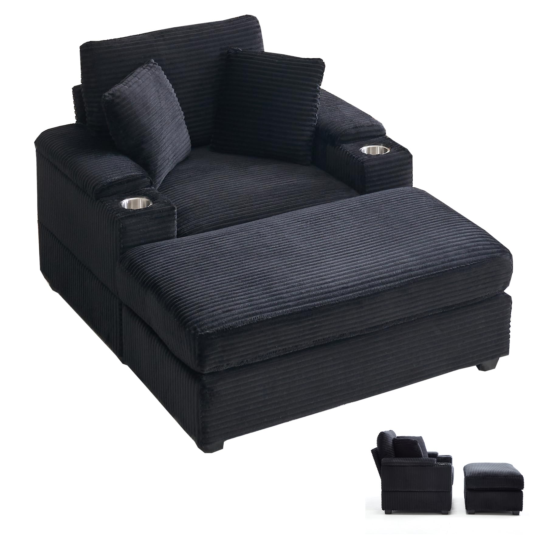 Photo 1 of RHHVVR Chaise Lounge Chair Indoor, 49.8" Upholstered Corduroy Sofa Bed with Handrail Storage, Wood Frame Sleeper Couch Sofa Reading Chairs for Living Room, Office, Bedroom, Black