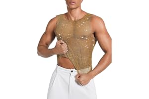 ChiaoLezhee Rhinestones Rave Outfits, Sparkly Mesh Tank Tops, Men's Sexy Sheer Fishnet Shirt for Music Festival