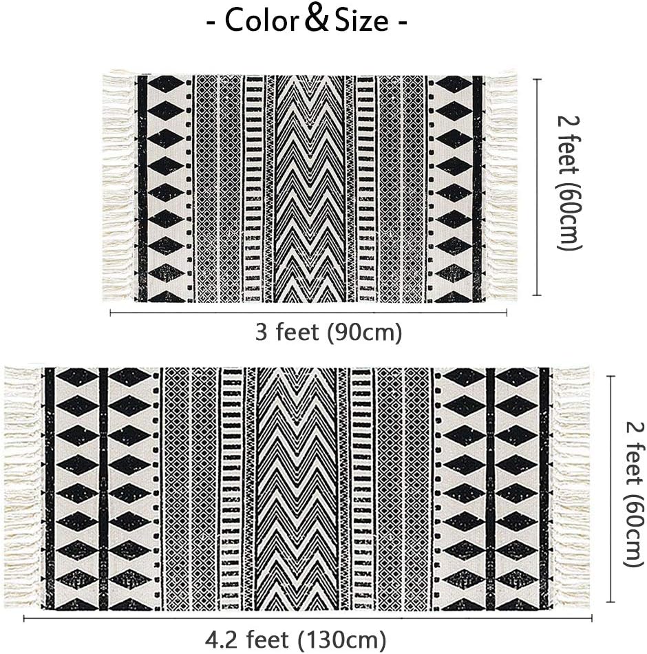 HEBE Cotton Area Rug Set 2 Piece 2'x3'+2'x4.2' Machine Washable Black and Cream White Hand Woven Cotton Rug with Tassels Cotton Area Rug Runner for Living Room, Kitchen Floor, Laundry Room: Kitchen & Dining