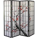 Roundhill Furniture Black Japanese 4-Panel Screen Room Divider, Plum Blossom