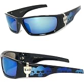 Locs Men Dark Lens Gangster Black OG Sunglasses Biker Skull Pattern ON THE ARMS (Black, Blue Smoke Mirror)