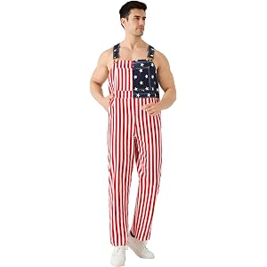 American Flag Overalls for Men, USA Stars & Stripes Bib Jumpsuit, 5 Pockets | 4th of July overalls for men with adjustable st
