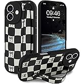 Jefonha Compatible with iPhone 17 Case with Strap, Classic Checkered Checkerboard Bow Phone Case with Finger Strap Kickstand, Shockproof Protective Cover, Black Checkered Bow