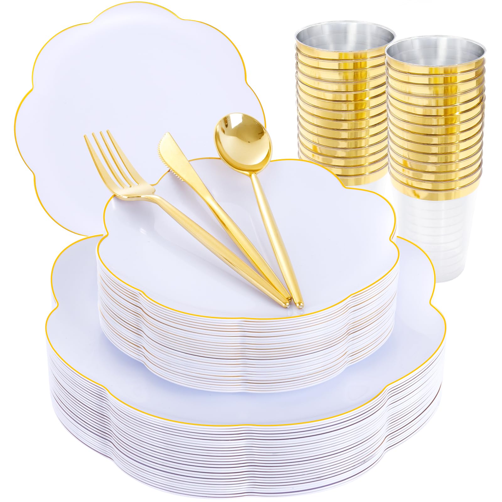 Photo 1 of EI 180pcs White Plastic Plates with Gold Plastic Silverware,Heavy-Duty Disposable Plates for Party,White Dinnerware Set for 30 Guest Wedding,Birthday
