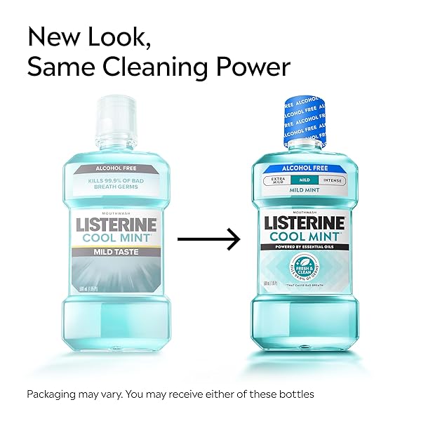 LISTERINE COOL MINT ALCOHOL-FREE MILD MOUTHWASH, ORAL RINSE KILLS 99.9% OF GERMS THAT CAUSE BAD BREATH, LESS INTENSE TASTE, MILD MINT FLAVOR, 1 L