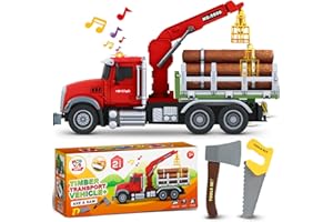MOBIUS TOYS Timber Log Truck Toys for Boys - Logging Trucks for Toddlers - Friction-Powered Vehicle Playset w/Lights & Sounds, Working Crane, Claw, Logs, Flatbed, Includes Axe & Saw for Kids, Boys Girls Aged 3-9