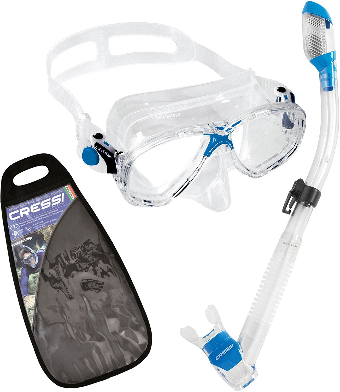 Cressi Marea Ultra Dry Combo Snorkelling diving Set - Made in Italy, Clear/Blue