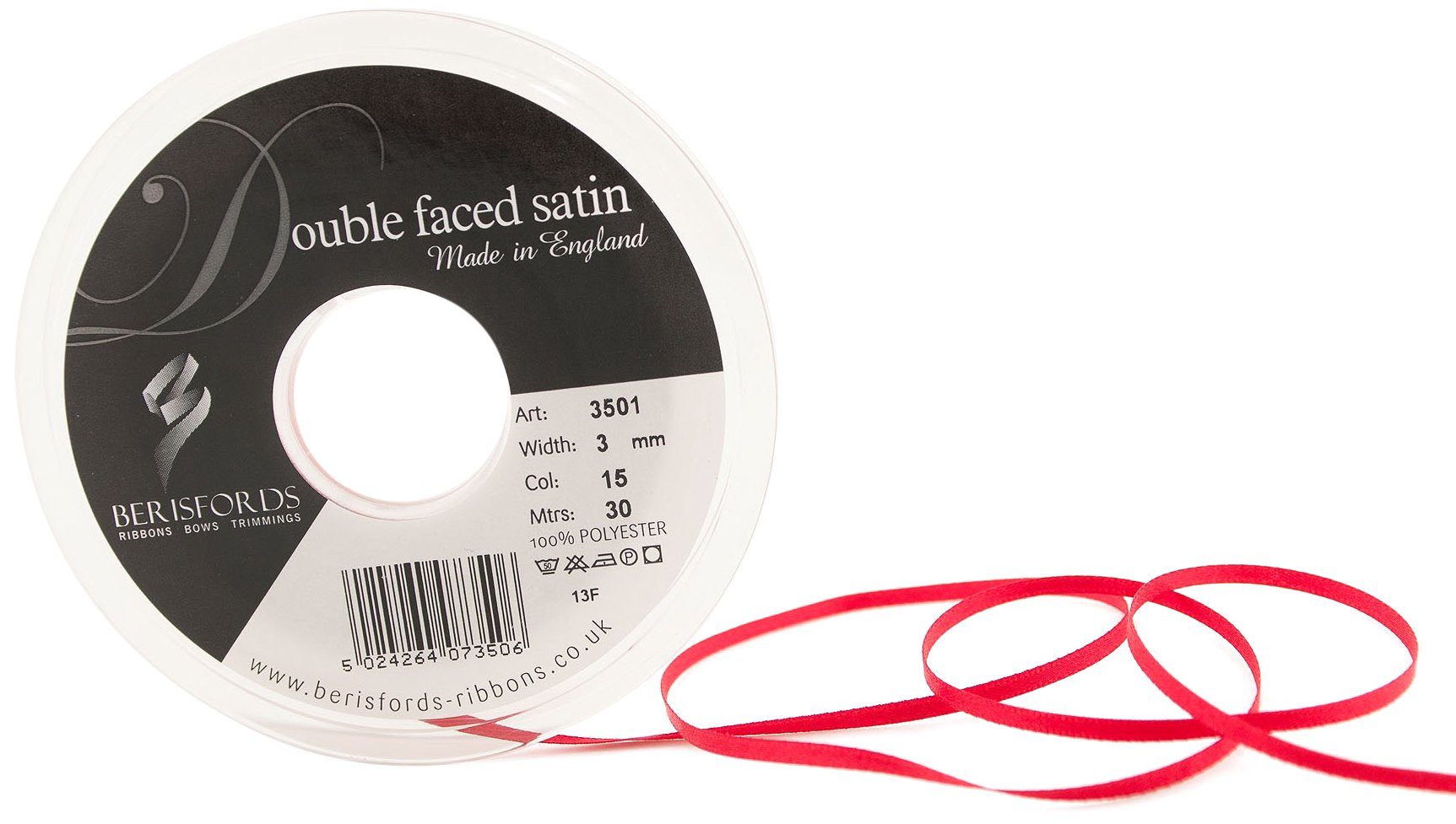 Berisfords Double Satin Ribbon, Red, 3 mm — image 1