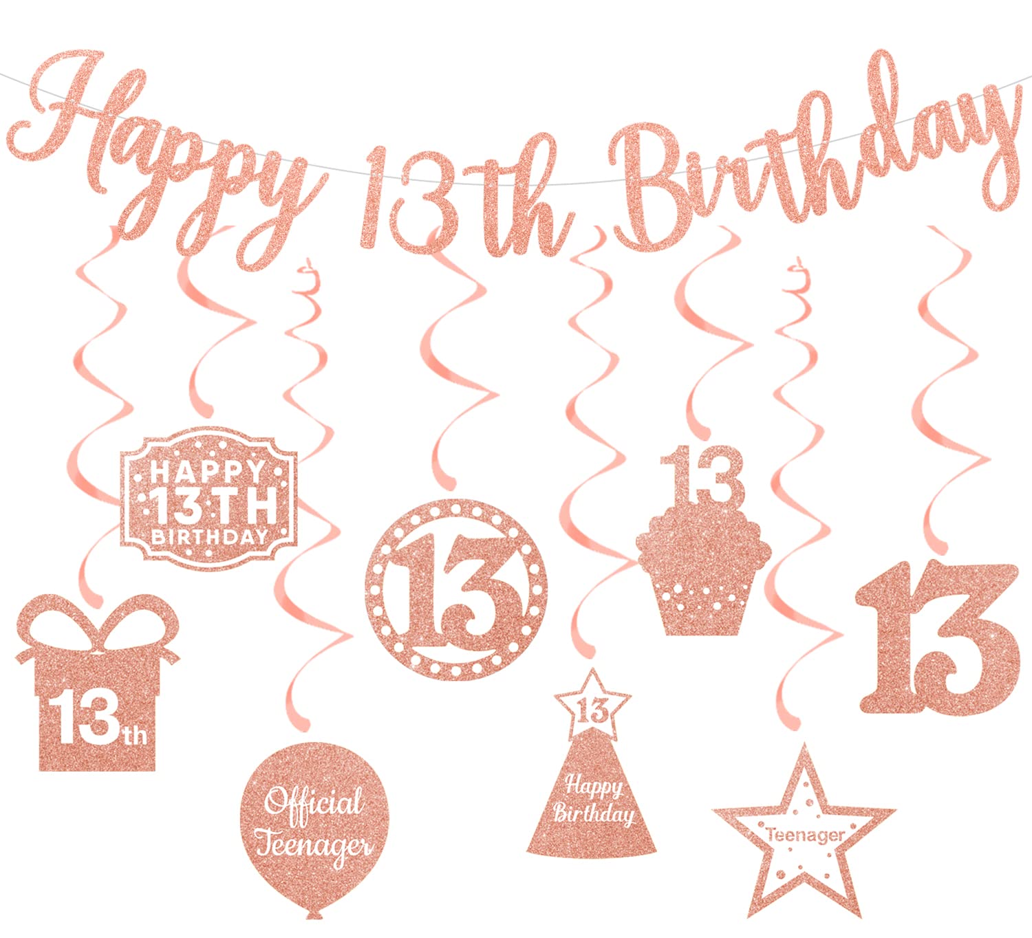 Elicola Happy 13th Birthday Decoration Banner Rose Gold 13 Hanging Swirls Backdrop Set for Girls 13th Birthday Official Teenager Party Decorations