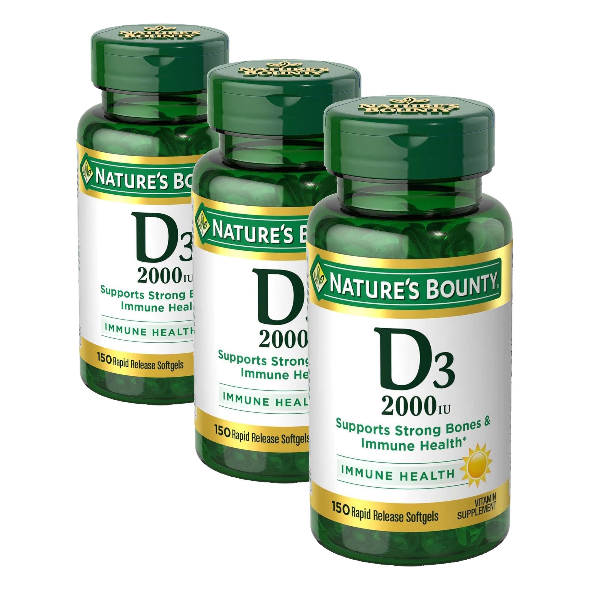 Nature’s Bounty Vitamin D, Supports Immune Health & Bone Health, 2000IU Vitamin D3, 150 Softgels (Pack of 3)