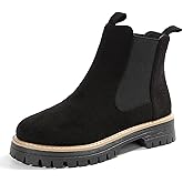 BANGTEUO Chunky Chelsea Boots For Women Suede Comfy Platform Elastic Slip On Low Wedge Block Heel For All Season Work Classic Style Ankle Boots