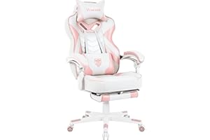 Vonesse Pink Gaming Chair for Adults,Girls Computer Chair with High Back,Big and Tall Gaming Chairs with Footrest and Massage,Reclining Gamer Chair(White/Pink)