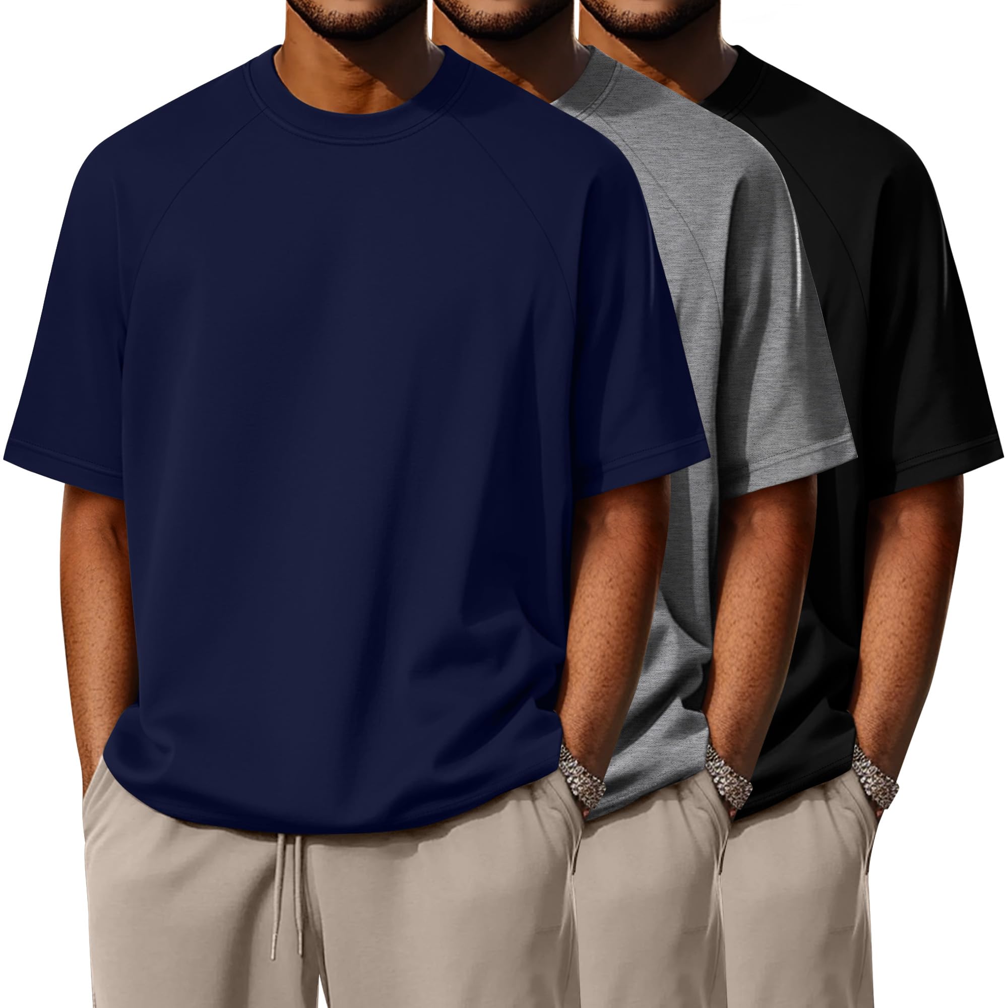Photo 1 of *3 xl* Ficerd 3 Pack Cotton Men's Oversized T Shirts Big and Tall Shirts Raglan Short Sleeve Crew Neck Plus Size Tee(Black, Light Gray, Navy Blue,3X-Large)