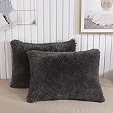 XeGe Faux Fur Throw Pillow Cases, Plush Shaggy Ultra Soft Pillow Covers, Fluffy Crystal Velvet Decorative Pillowcases, Furry Fuzzy Pillow Shams Zipper Closure, Set of 2(Standard, Dark Gray)