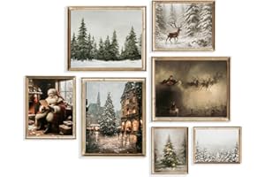 TWNSLLA Vintage Christmas Decor Wall Art,Moody Winter Wall Art,Santa Claus Reading Wish Card Art Prints,Retro Christmas Wall Decor Elk Art Romantic Snowy Landscape Wall Art Christmas Pictures for Bedroom Room Decor,Unframed