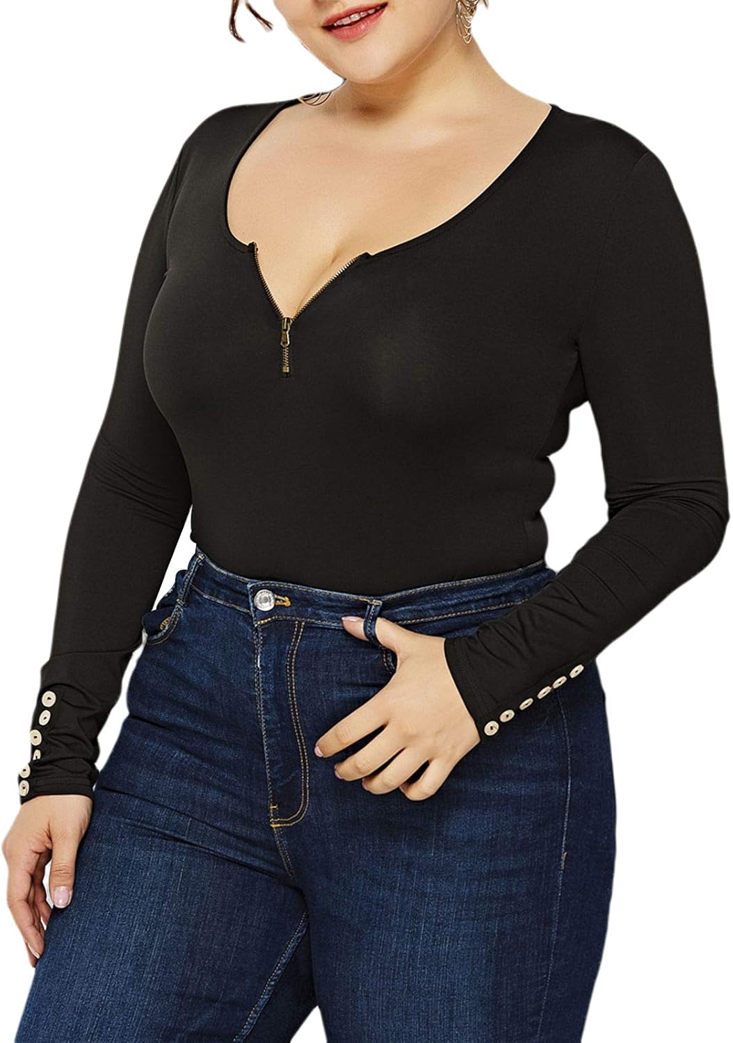 ZIYIXIN Women's Bodysuit Plus Size Long Sleeve Scoop Neck Bodysuit Basic Top T Shirt