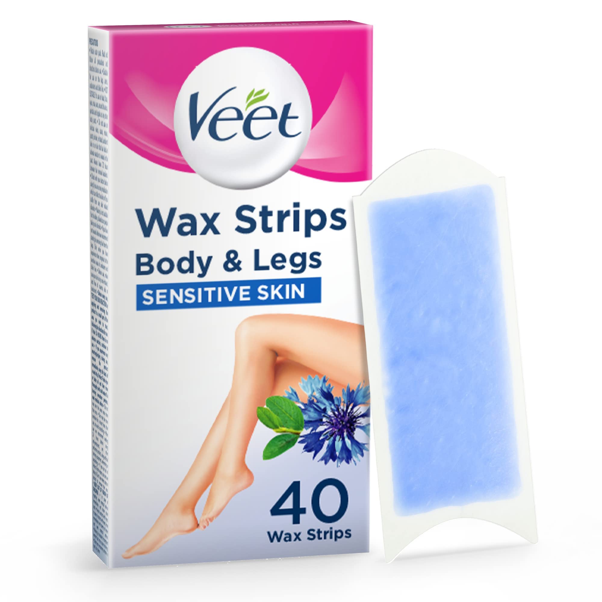 Veet Cold Wax Strips 40 Count for Legs and Body, Sensitive Skin Removal, 28 Days Smoothness, Softer Regrowth, Effective On Very Short Hair, Quick at-Home Waxing