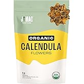 J Mac Botanicals, Organic Calendula Flower (4 ounce), whole dried flowers and petals, loose leaf tea, marigold flower, USDA Certified Organic. Great for loose leaf teas, cocktail bombs, salve