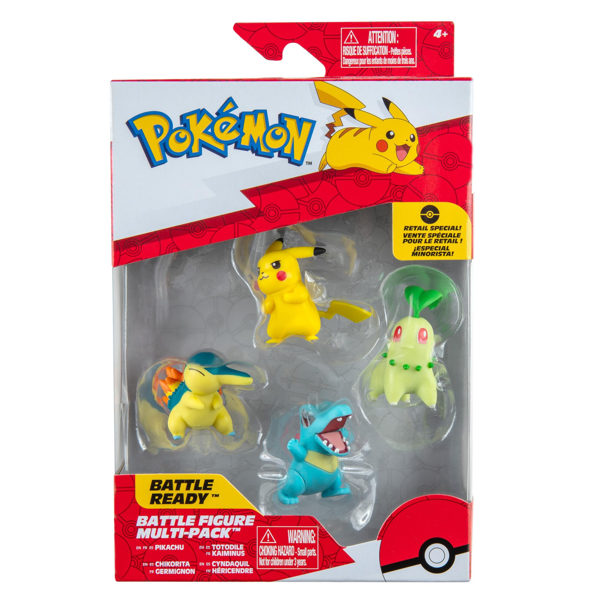 Pokémon PKW2578 Battle Figure Multipack Pack of 4 with Pikachu, Endive, Karnimani, Fiery Hedgehog, Official Detailed Figures, 5 cm Each