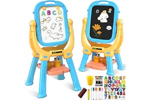WEUDEAR Easel for Kids, Rotatable Double Sided Magnetic Drawing Board Adjustable Height Easel Stand Toddlers Art Easel with 79pcs Art Supplies, Blue