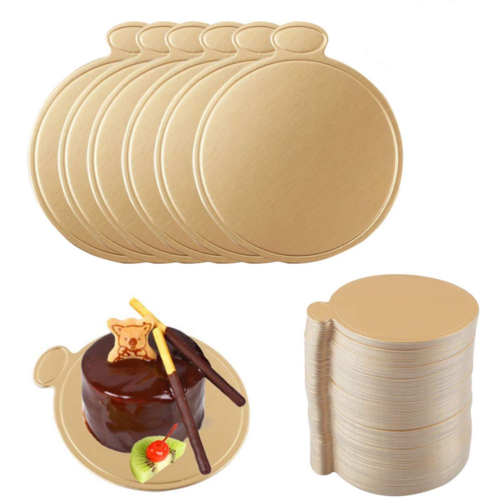 Symphonyw Mini Cardboard Cake Bases, 100pcs Golden Mousse Cake Boards Cake Paper Plates Dessert Board Base Grease for Wedding Birthday (Round)