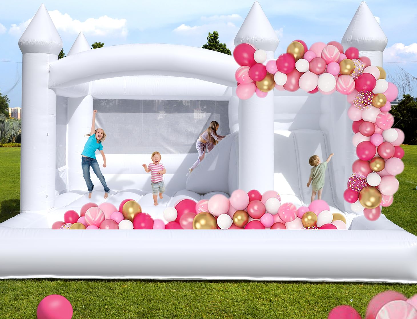 Photo 1 of 15x15FT White Bounce House Castle for Kids Adults, w/Slide & Ball Pit, (Heavy Duty PVC) (950W Blower), Large Jumper Bouncy Inflatable Castle, Wedding, Birthday Party, Baptism, 15x15x10ft