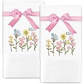JarThenaAMCS 2Pcs Spring Floral Hand Towels Cotton Embroidered Wildflower Bathroom Towel with Ribbon Flower Kitchen Dish Towel for Hand Drying Cleaning Cooking, 29.5 x 13.7 Inch