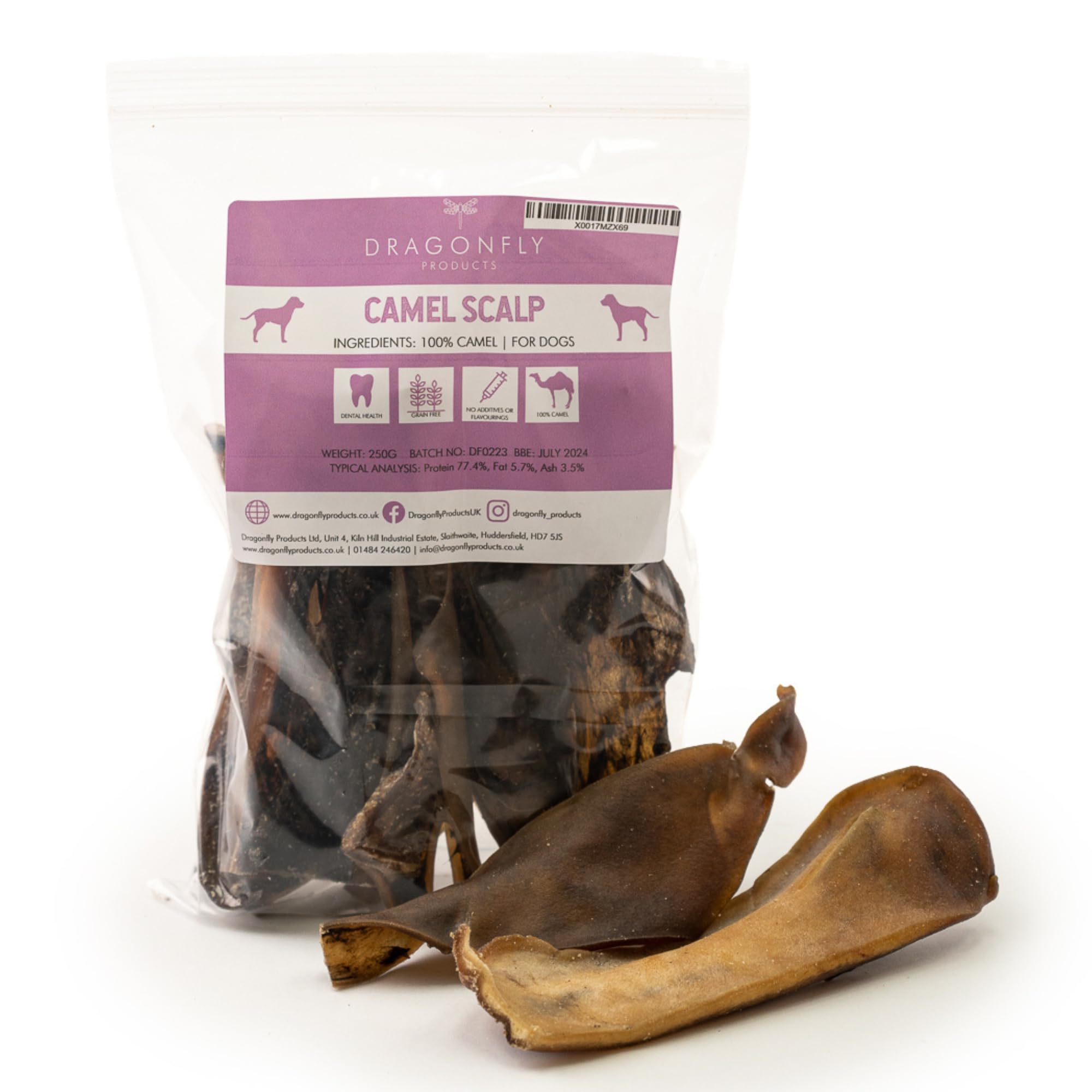 Dragonfly Products Camel Scalp For Dogs | 250g | Grain Free Long Lasting Chews Non-Rawhide Alternative to Pizzles | Dried Natural Raw Treat Stick | Medium to Large Breeds