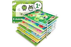 TOYVENTIVE Wooden Peg Learning Puzzles for Toddlers 1-3 Years – 6 Pack with Wire Puzzle Holder Rack Organizer for Kids, Dinosaur Puzzles with Knobs, Jungle, Ocean, Bird Styles, Baby Puzzles 12 Months