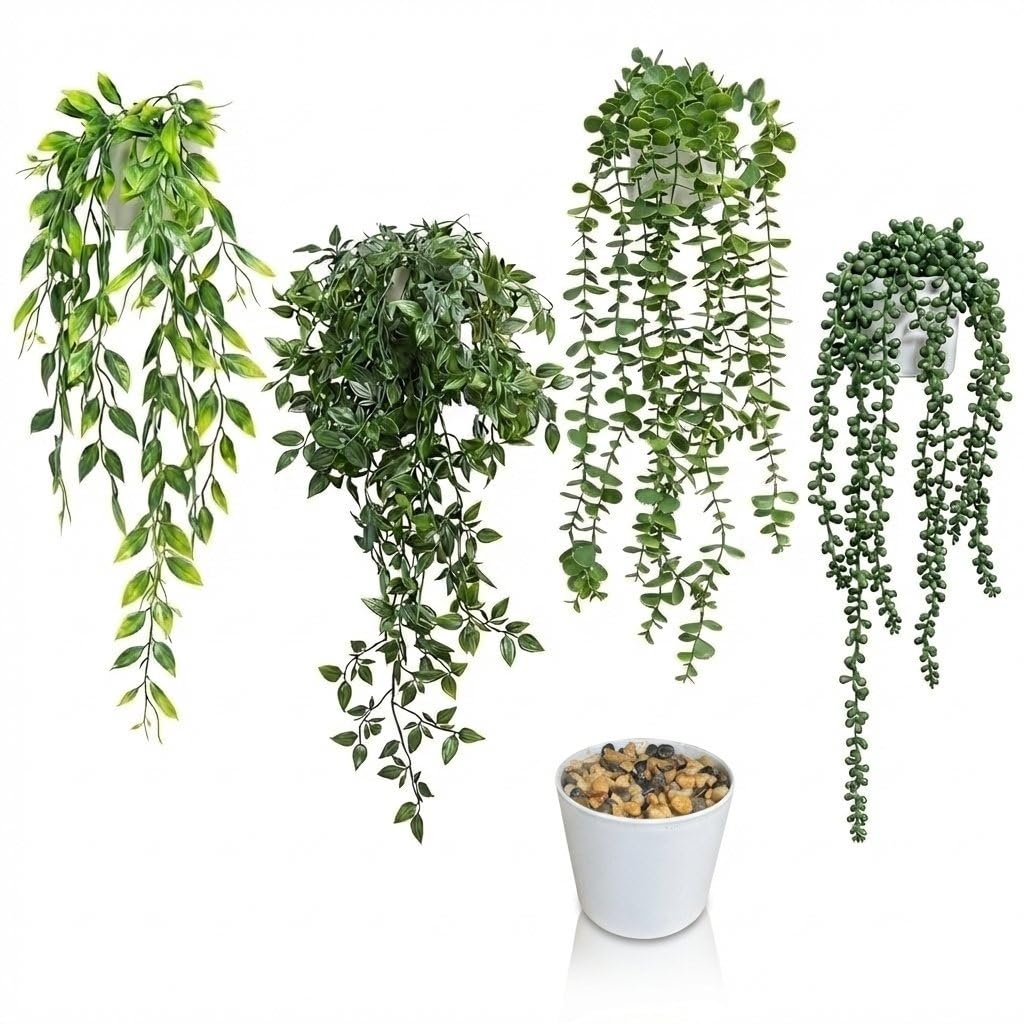 Photo 1 of 4 Pack Artificial Hanging Plants for Shelf,Fake Plants for room decor,String of Pearls,Mandala & Pea Pod Leaves in Pots for Indoor Outdoor Shelf Wall Decor - Realistic Faux Greenery(white flowerpot)
