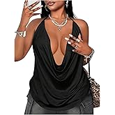 SweatyRocks Women's 2026 Summer Sexy Plus Size Cowl Neck Tops Ruched Draped Low Cut Halter Going Out Top