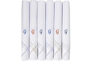 Caruso Italy Men's Initial Monogram Embroidery 100% Pure Cotton Handkerchief White Base With Colored Border - Pack Of 6