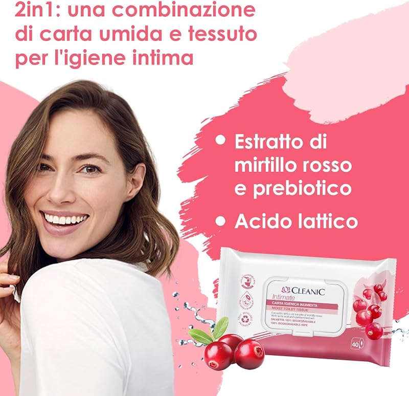Intimate Usa e Getta – (40 Pezzi) Salvietta combinata – Rinfresca zona intima, estratto di mirtillo rosso e prebiotico – 40 Pezzi — foto 4 di 8