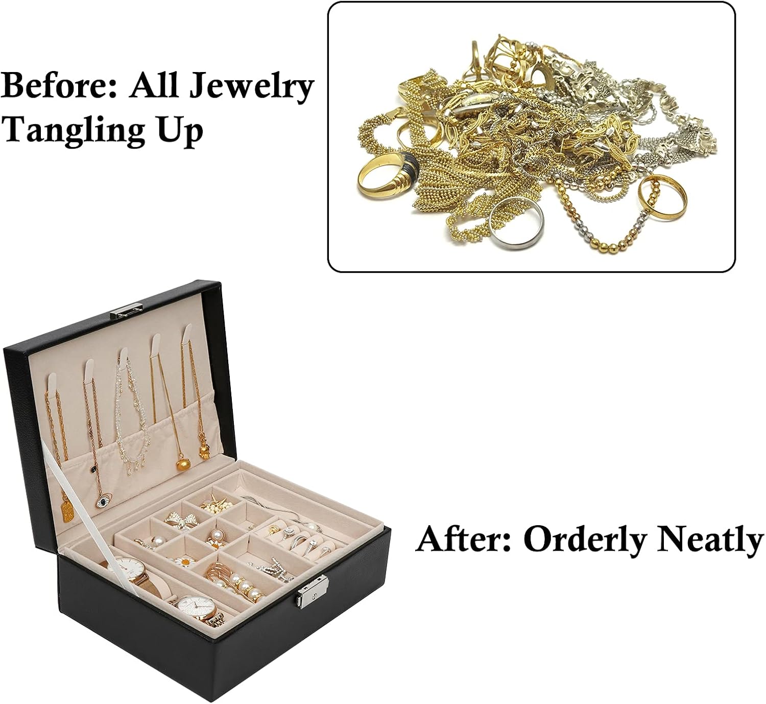 AerWo Jewelry Box for Women, 2 Layer Jewelry Holder PU Leather Jewelry Boxes & Organizers, with Lock and Removable Tray, Jewelry Cases for Storage and Display Rings Necklace Earrings Bracelets Watch: Home Improvement