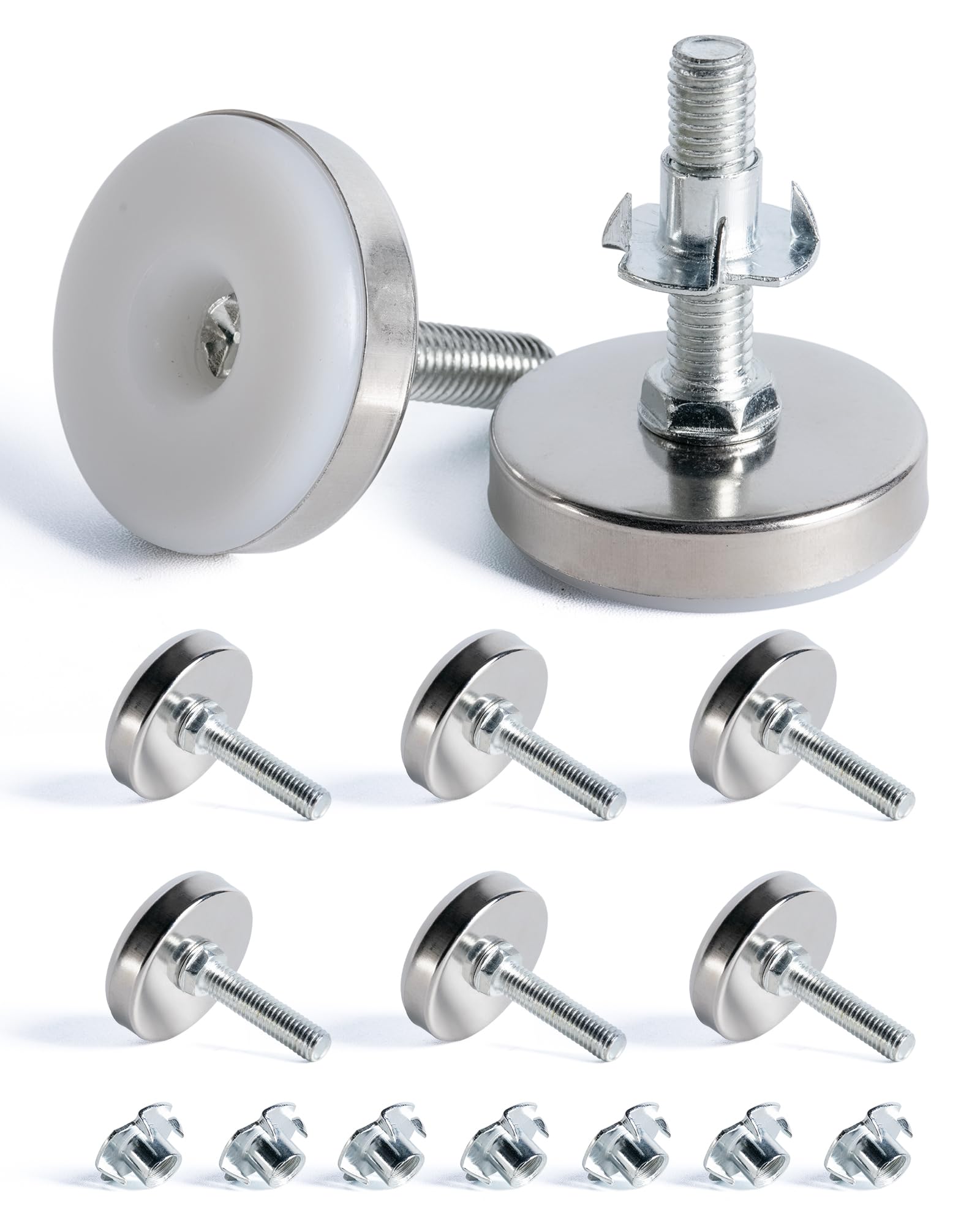 SPDYCESS 8pcs M10X50MM Adjustable Levelling Feet, Screw-in Round Base Furniture Feet, Threaded Fixed Foot, Table Leg Extender Leveler, with 8 pcs 4-Pronged T Nuts, for Cabinet Desk Bed Legs — image 1