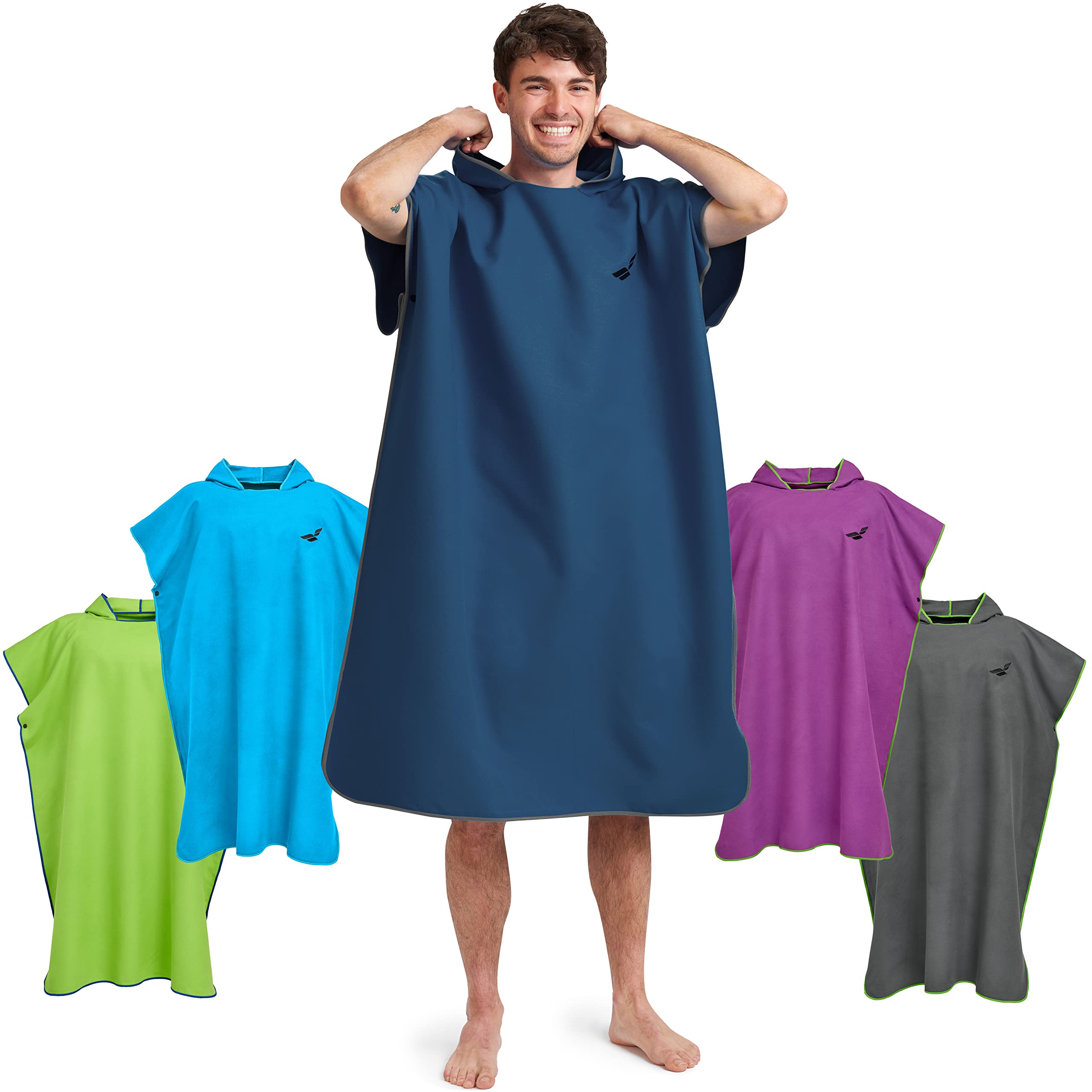 Fit-Flip Changing Robe - Microfibre Swim and Surf Poncho – Beach Robes Adult - Quick Dry Hooded Swimming Towel for Men and Women - size L, Deepblue-Gray